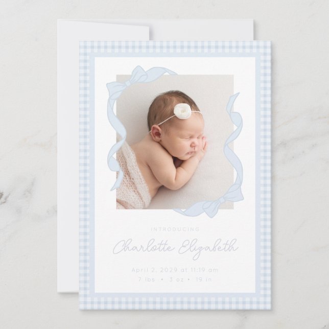 Gingham Bow Photo Birth Announcement (Front)