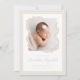 Gingham Bow Photo Birth Announcement