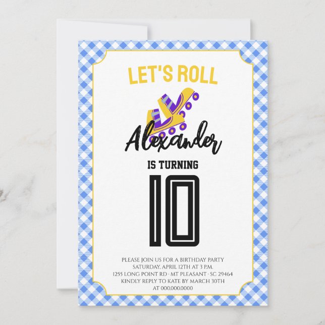 Gingham Boys Roller Skater Birthday Invitation (Front)