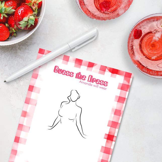 Gingham Bride-to-be Guess The Dress Game Gingham Notepad (Guess the dress bride to be drawing gown game bachelorette hen party gingham country chic red pink)