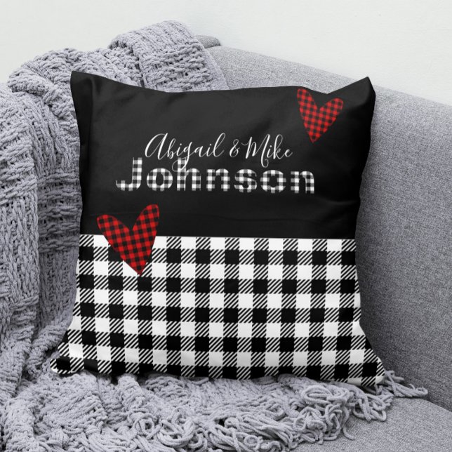 Gingham Buffalo Check Personalised Black Red White Cushion (Black, White, and Red Buffalo Check Pillow Personalized with Your Family Name)