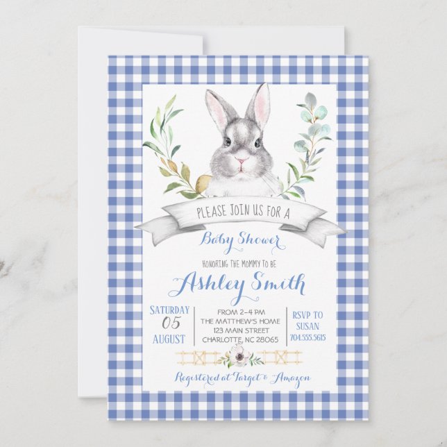 Gingham bunny baby shower invitation (Front)