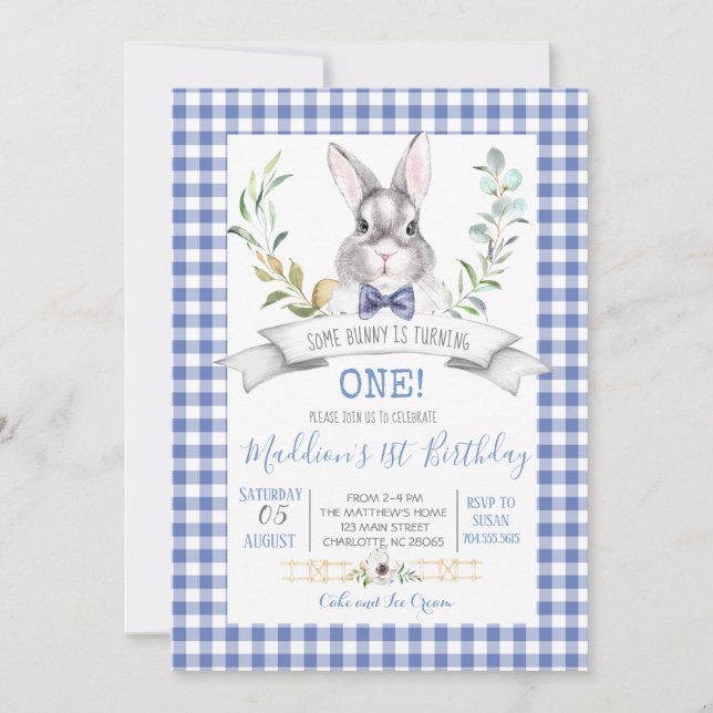 Gingham bunny birthday invitation (Front)