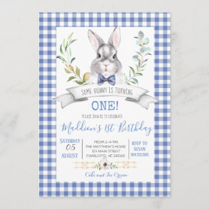Gingham bunny birthday invitation