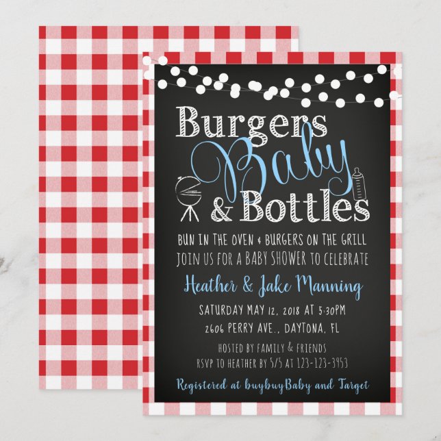 Gingham Burgers Bottles, Baby Shower Invitation (Front/Back)