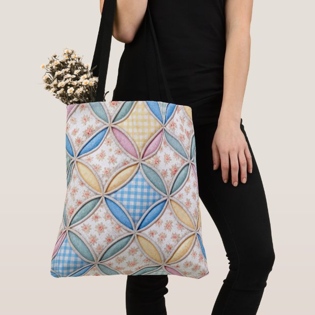 Gingham Cathedral Window Quilt Design Tote Bag (Close Up)