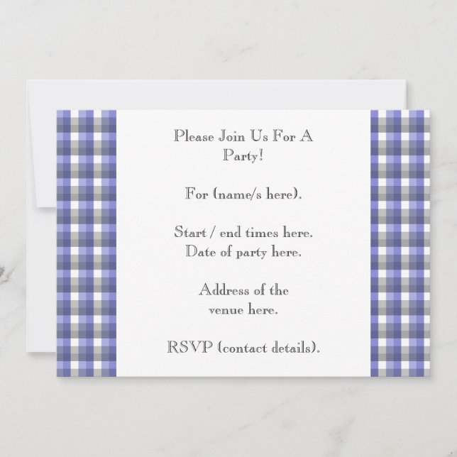 Gingham check. Blue, Grey, White. Photo Template. Invitation (Front)