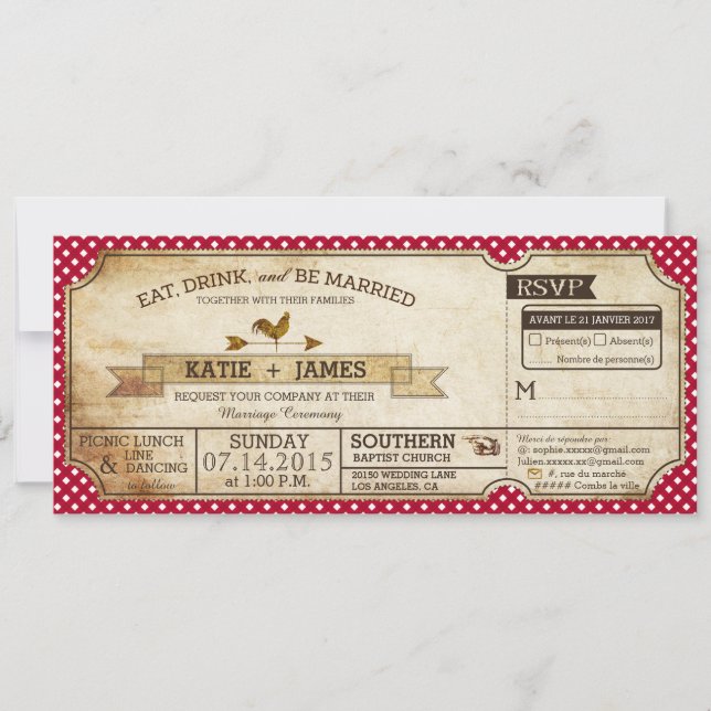 Gingham Check Country Picnic Wedding French Invitation (Front)