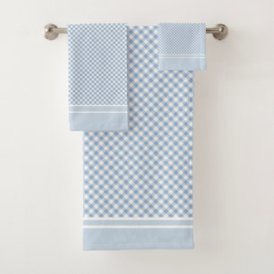 Gingham Check Light Blue White country Bath Towel Set