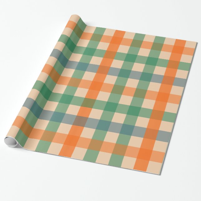 Gingham Check Multicolor Pattern Orange Green Wrapping Paper (Unrolled)