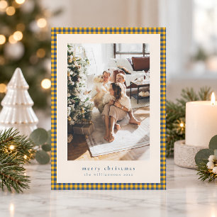 Gingham Check Navy Blue Yellow Christmas Photo Holiday Card