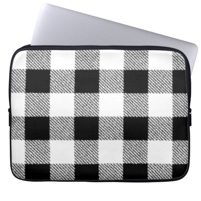 Gingham check pattern black and white laptop sleeve (Front)