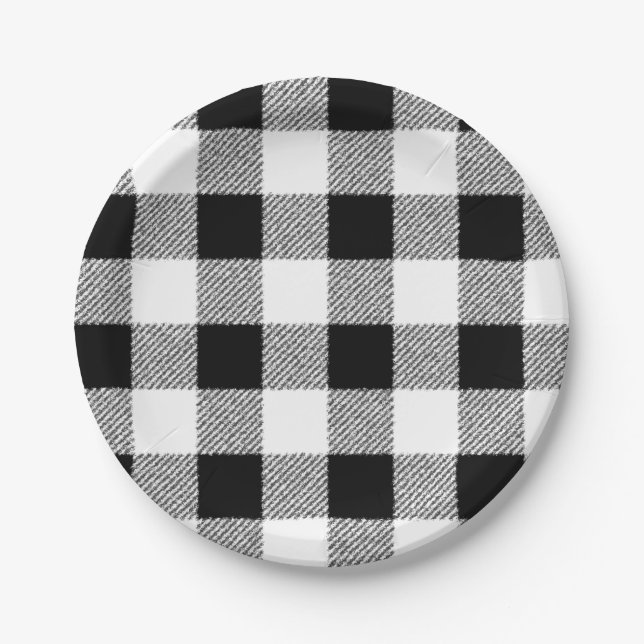 Gingham check pattern black and white paper plate (Front)