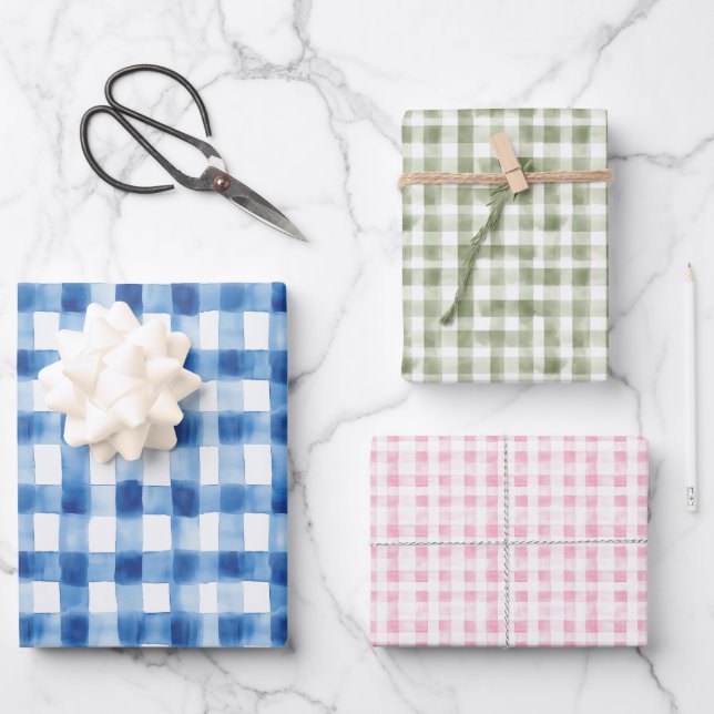 Gingham Check Pattern Blue Pink Sage Green Wrapping Paper Sheet (Front)