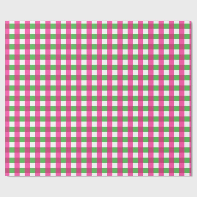 Gingham Check Pattern Hot Pink and Green Wrapping Paper (Flat)