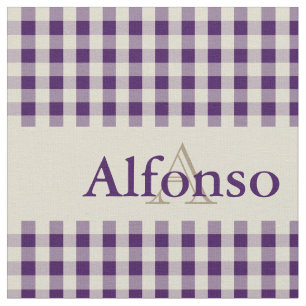 Gingham Check Pattern Monogram Grape Purple Beige Fabric