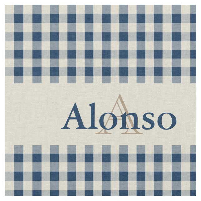 Gingham Check Pattern Monogram Navy Blue Beige Fabric (Close Up)