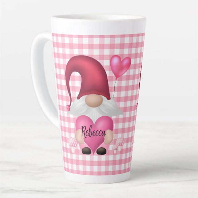 Gingham Check Pattern Personalised Gnome Mug (Left Angle)