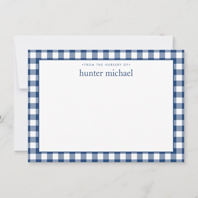Gingham Check Personalised Navy Blue Flat  Card (Front)