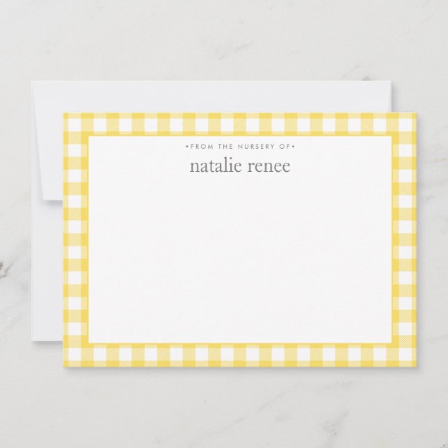 Gingham Check Personalised Yellow Flat  Card (Front)