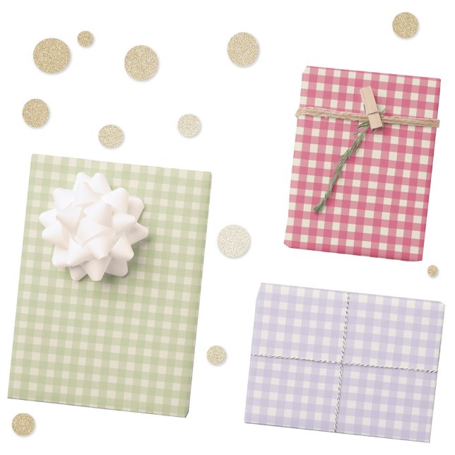 Gingham Check Plaid Hand Drawn Pretty Wrapping Paper Sheet (Modern gingham check plaid hand drawn gift wrapping paper sheets in cherry pink, pistachio and lilac)