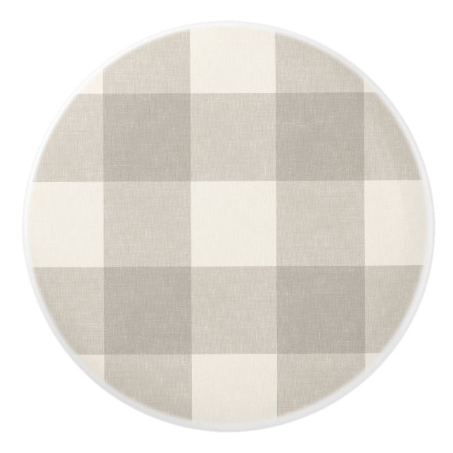 Gingham checks plaid neutral beige ceramic knob (Front)