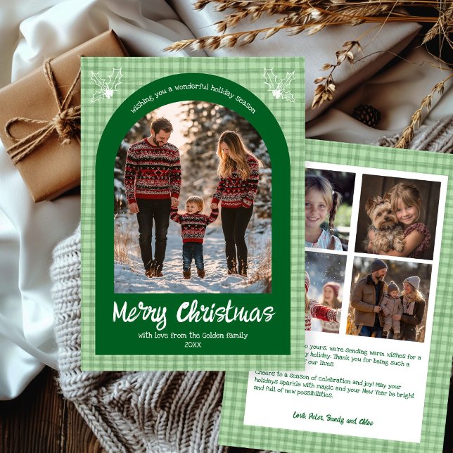 Gingham Christmas Green Custom Arch 5 Photo  Holiday Card (Gingham Christmas Green Custom Arch 5 Photo Holiday Card
)