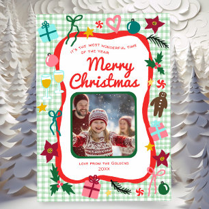 Gingham Christmas Quirky Whimsical CUSTOM PHOTO Holiday Card