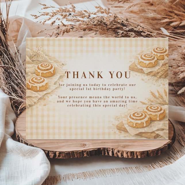 Gingham Cinnamon Roll Little Bun 1st Birthday Thank You Card (Creator Uploaded)