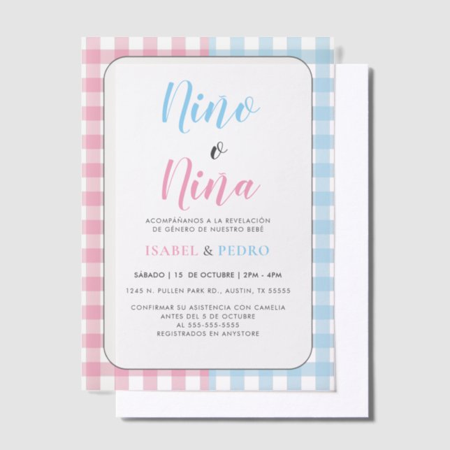 Gingham Classic Nino o Nina Spanish Gender Reveal Vellum Invitations (Offset)