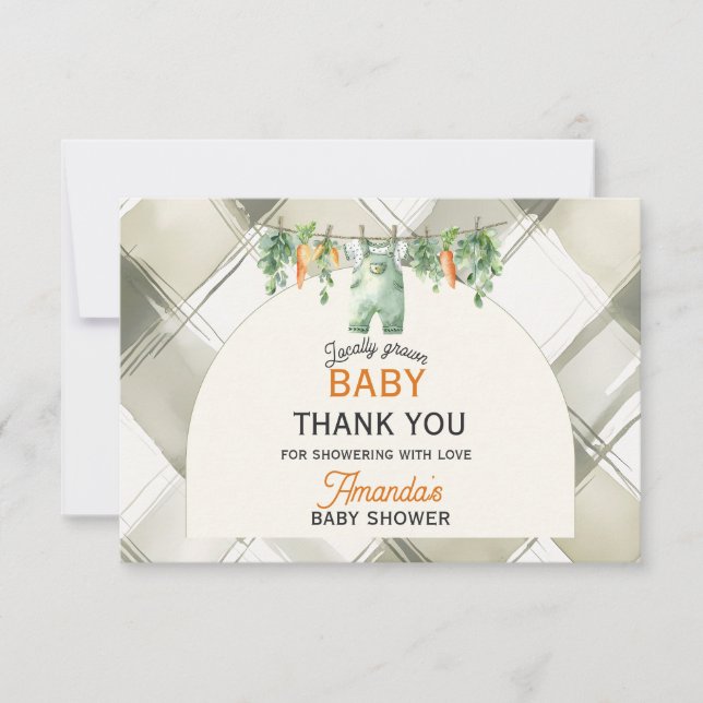 Gingham Clothesline Locally Grown Baby Shower Thank You Card (Front)