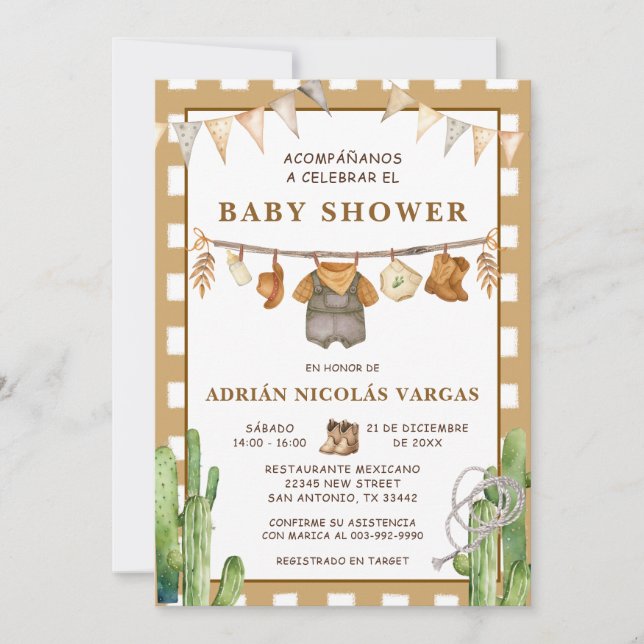 Gingham Clothesline Spanish Baby Shower Invitation (Front)