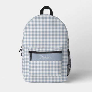 Gingham Coastal Plaid Preppy Check Blue White Name Printed Backpack