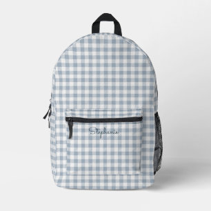 Gingham Coastal Plaid Preppy Check Blue White Name Printed Backpack