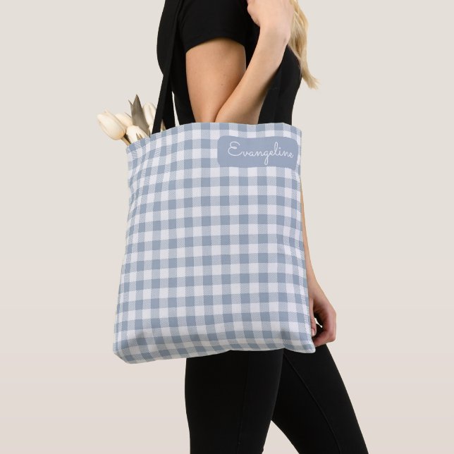 Gingham Coastal Plaid Preppy Check Blue White Name Tote Bag (Close Up)
