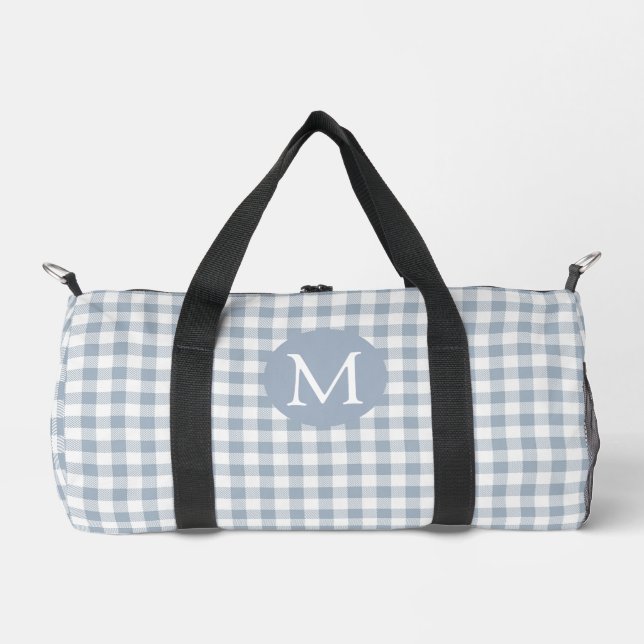 Gingham Coastal Preppy Check Blue White Monogram Duffle Bag (Front)
