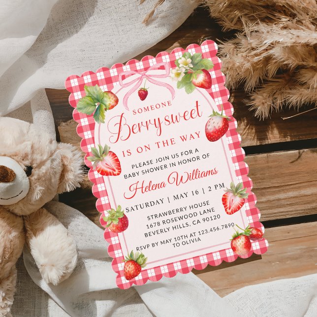 Gingham Coquette Berry Baby Shower Invitation (Cute Red Gingham Straberries baby shower Invitation)