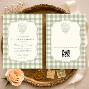Gingham Couples Shower Floral Bow QR Code Invitation