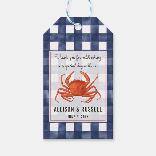 Gingham Crab Coastal Wedding Gift Tags (Front)