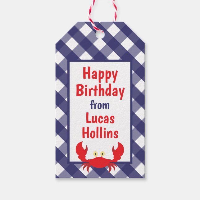 Gingham Crab Personalised Gift Tags (Front)