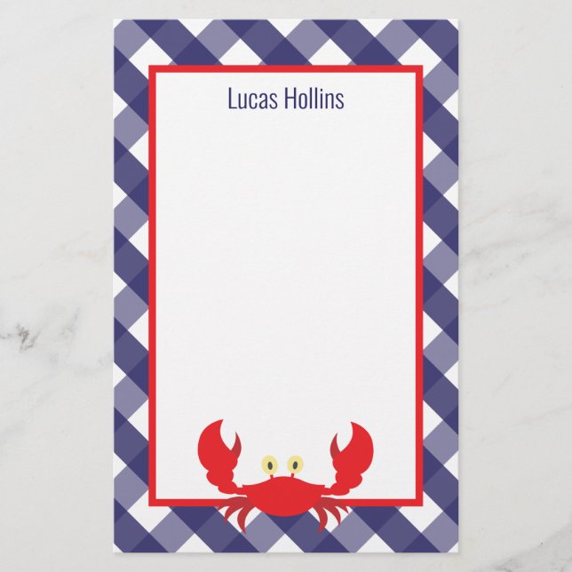Gingham Crab Personalised Stationery (Front)