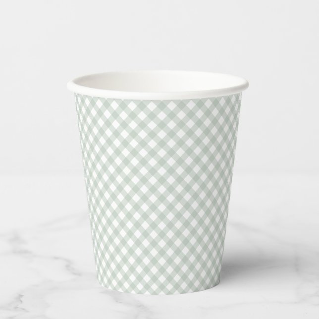 Gingham cute simple sage green baby shower paper cups (Front)