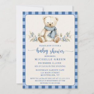 Gingham Cute Teddy Bear Beige Baby Shower Invitation