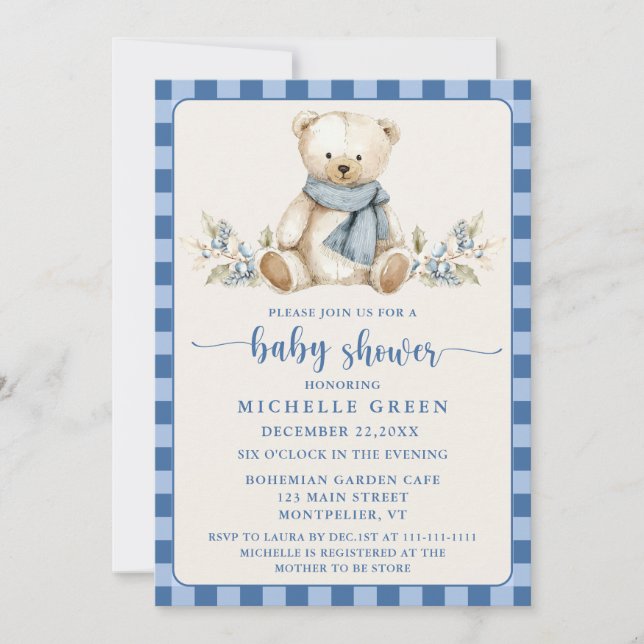 Gingham Cute Teddy Bear Beige Baby Shower Invitation (Front)