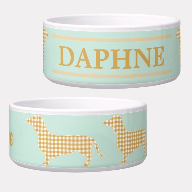 Gingham Dachshund on Duck Egg Blue - Traditional (Custom for your little Doxie, this cute pet bowl features cream gingham dachshunds on a mint backgro)