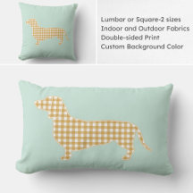Gingham Dachshund Silhouette Pillow - Mint and Tan