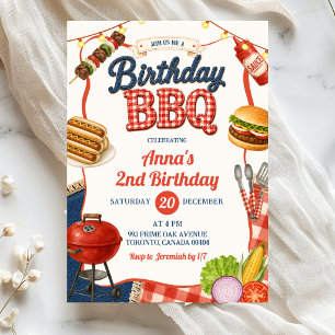 Gingham Denim Kids Birthday BBQ Party Invitation
