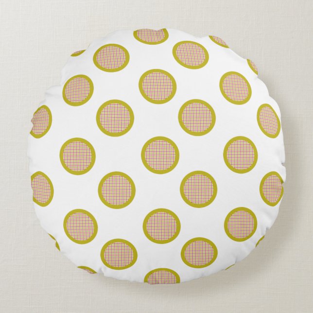 Gingham Dots, White Round Pillow (Front)