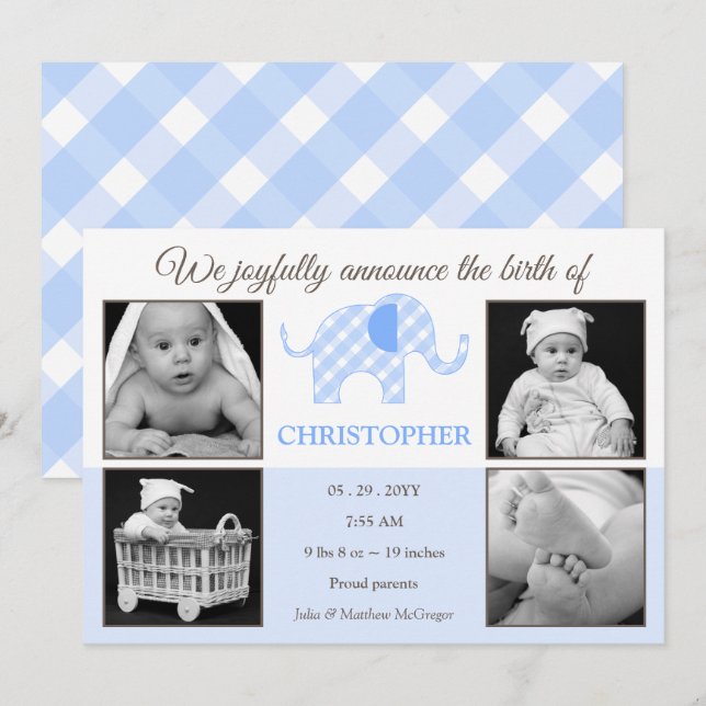 Gingham Elephant Baby Boy Photo Birth Announcement (Front/Back)
