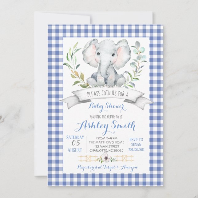 Gingham elephant baby shower invitation (Front)